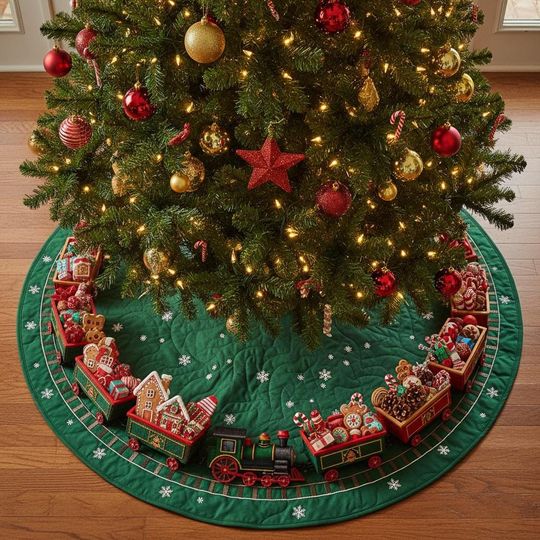 Discover Christmas Train Tree Skirt, Green Quilted Tree Skirt, Gingerbread Train Decor, Candy Holiday Tree Mat, Xmas Decoration for Home