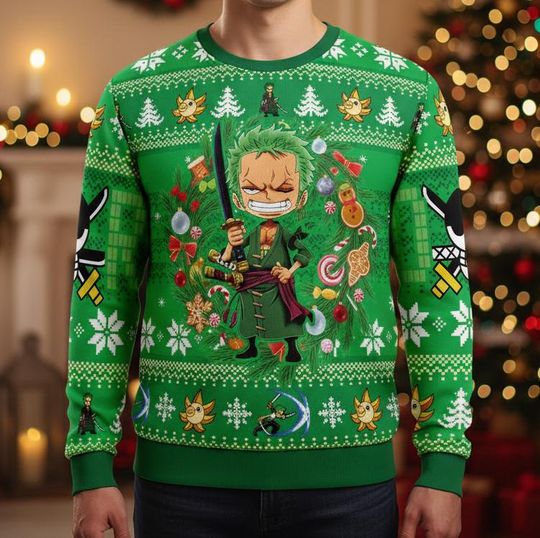 Funny Meme Ugly Christmas Sweater, Anime Character Holiday Gift for Men and Women, Green 3D Sweater