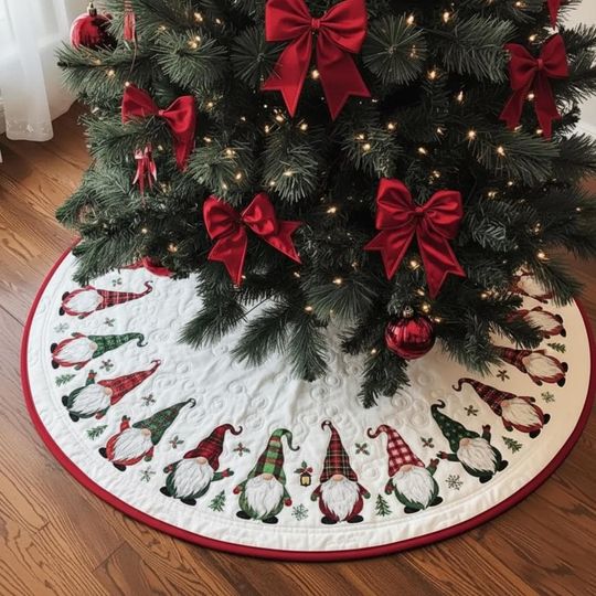 Discover Gnome Christmas Tree Skirt, Quilted Gnome Tree Mat, Holiday Gnome Decor, Red & Green Gnome Skirt, Cute Christmas Tree Skirt