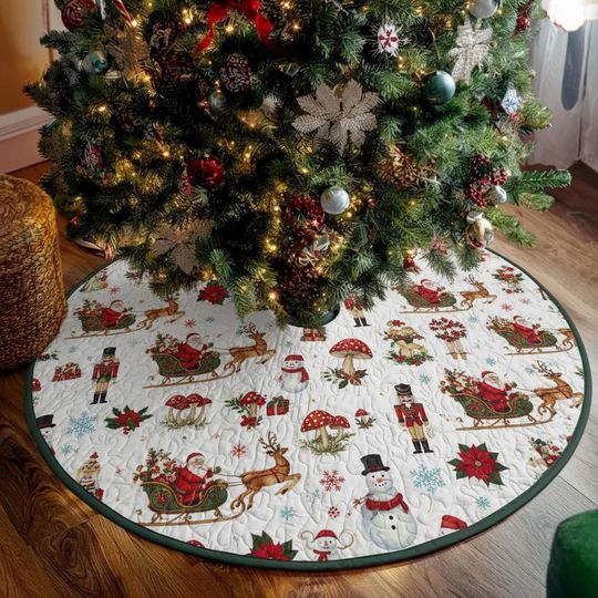 Discover Santa Sleigh Christmas Tree Skirt, Quilted Holiday Tree Mat, Reindeer & Snowman Tree Skirt, Nutcracker Christmas Decor, Festive Xmas Skirt