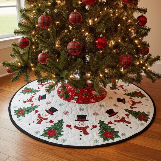Discover Snowman Christmas Tree Skirt, Snowman Tree Mat, Winter Snowman Decor, Holiday Tree Skirt with Christmas Trees & Poinsettias