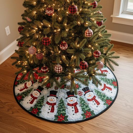 Discover Snowman Christmas Tree Skirt, Snowman & Pine Tree Skirt, Holiday Tree Mat with Poinsettias, Winter Snowman Home Decor