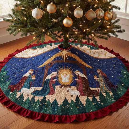 Nativity Christmas Tree Skirt, Holy Family Tree Skirt, Quilted Nativity Scene Decor, Religious Christmas Tree Mat, Manger Scene Skirt