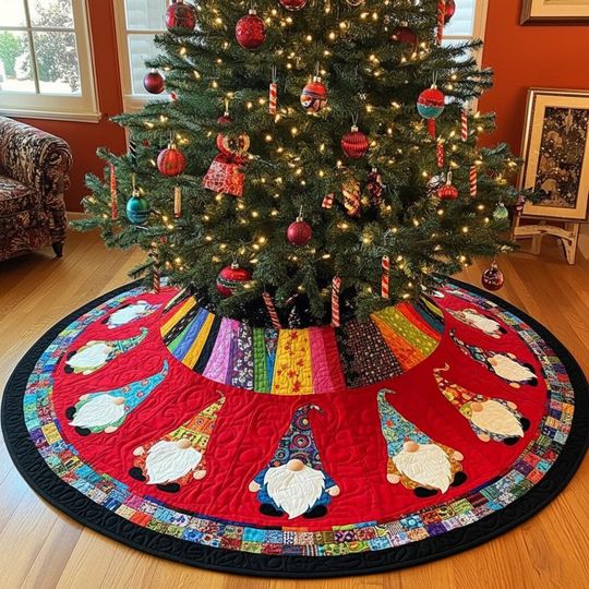 Discover Gnome Christmas Tree Skirt, Colorful Patchwork Tree Skirt, Quilted Gnome Holiday Mat, Rainbow Christmas Decor, Bright Xmas Tree Skirt