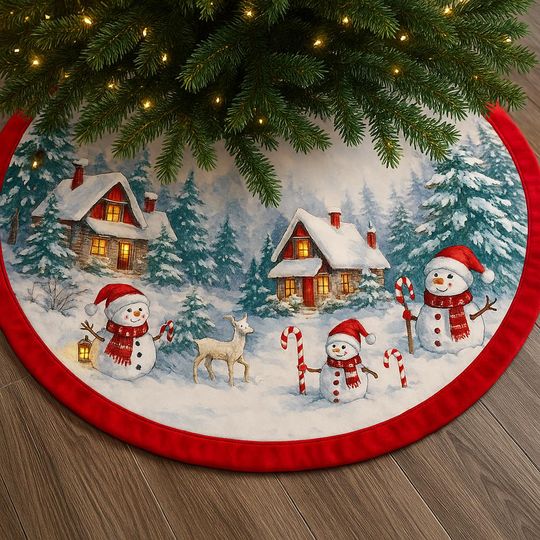 Winter Village Christmas Tree Skirt, Snowman Tree Skirt, Red Velvet Border Tree Mat, Holiday Snow Scene Decor, Cozy Xmas Home Decoration