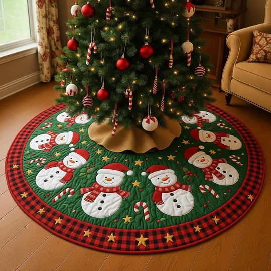 Discover Snowman Christmas Tree Skirt, Green Red Tree Skirt, Cute Snowman Holiday Decor, Candy Cane Xmas Tree Mat, Festive Christmas Home Decor