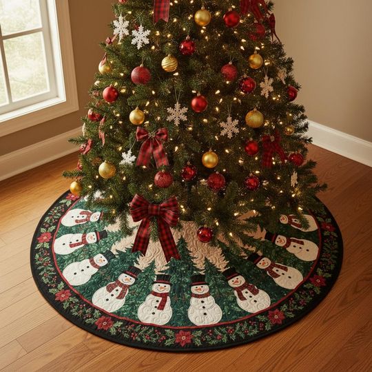 Discover Christmas Snowman Tree Skirt, Holiday Snowman Applique Skirt, Winter Patchwork Xmas Decor, Cozy Christmas Tree Mat