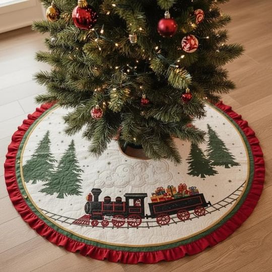 Discover Santa Christmas Tree Skirt, Quilted Holiday Express Train Design Xmas Decor, Rustic Forest Tree Skirt