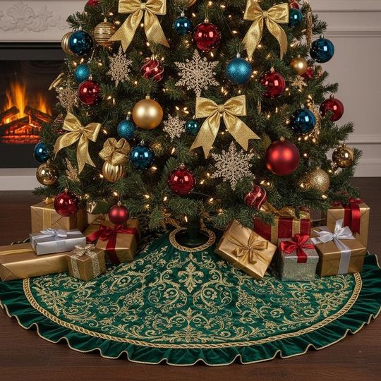 Velvet Burgundy Christmas Tree Skirt, Ruffled Edge Xmas Tree Skirt, Gold Embroidered Scrollwork Holiday Decor