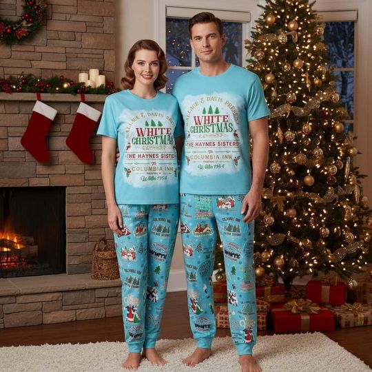 Discover White Christmas Pajama Set with Xmas Movie Print, Columbia Inn Pine Tree Pattern, Haynes Sisters Family Pajamas