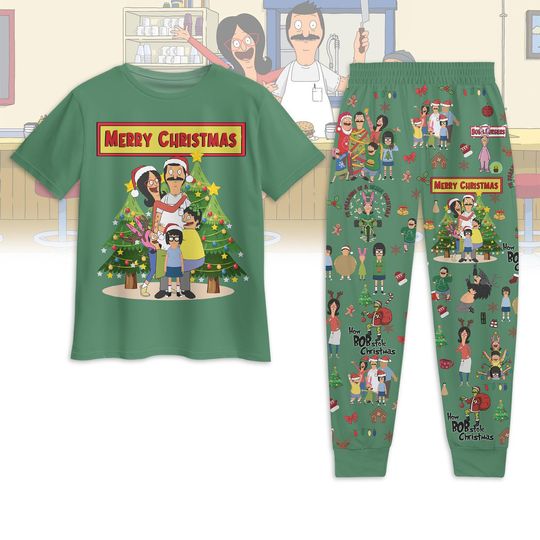 Bobs Burgers Christmas Pajamas Set, Belcher Family Holiday Sleepwear, Movie Xmas T-Shirt & Pants Set