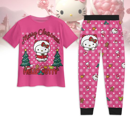 Hello Kitty Christmas Pajama Set for Girls, T-Shirt and Pants, Holiday Cartoon Sleepwear