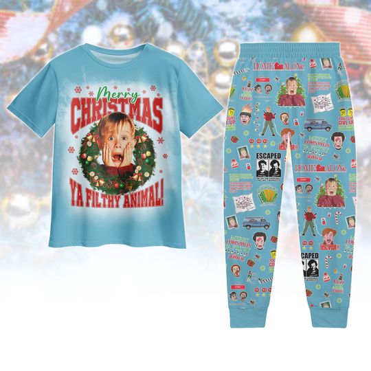 Home Alone Christmas Pajama Set, Merry Christmas Ya Filthy Animal T-Shirt and Pants, Family Sleepwear Set