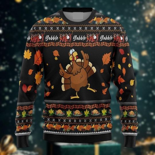 Turkey Ugly Christmas Sweater, Funny Gobble Sweater, Fall Thanksgiving Sweater, Autumn Leaves Xmas Holiday Gift