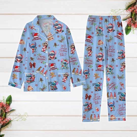 Discover Disney Stitch and Lilo Christmas Pajama Set, Holiday Cartoon Sleepwear for Adults