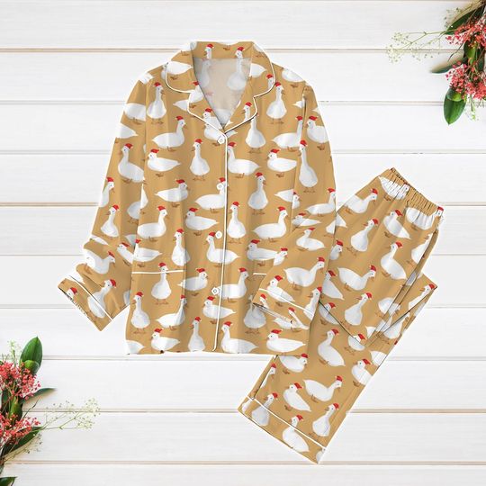 Christmas Ducks Pajama Set for Women, Funny Animal Xmas Sleepwear, Santa Goose Pajamas, Holiday Farmer Loungewear