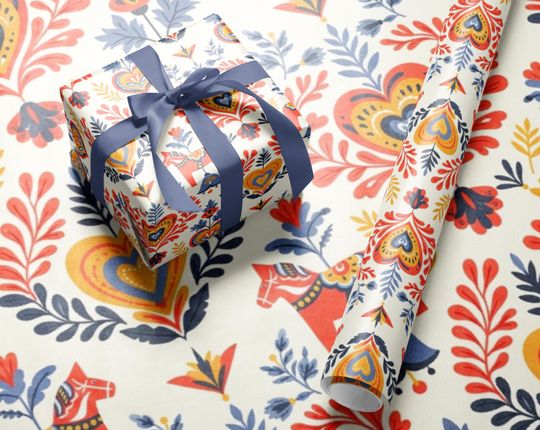 Discover Scandinavian Dala Horse Wrapping Paper Roll Nordic Folk Art Christmas Gift Wrap Festive Holiday Packaging Swedish Hygge Style