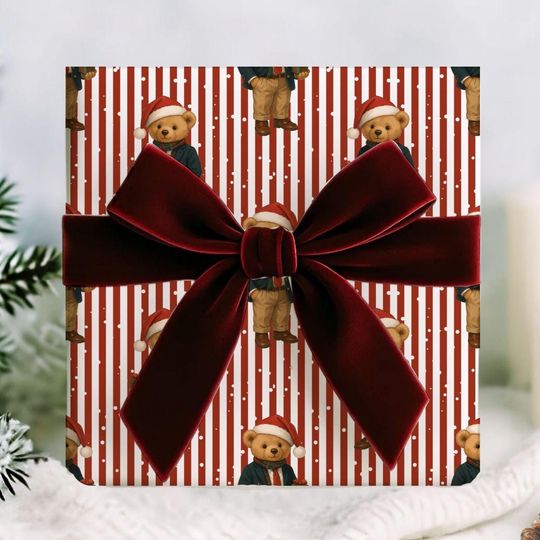 Discover Christmas Wrapping Paper Roll - Striped Teddy Bear Gift Wrap, Heritage Holiday Bear Pattern, Premium Christmas Gift Wrap