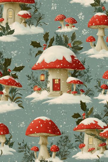 Discover Cottagecore Christmas Wrapping Paper: Snowy Mushroom Village Gift Wrap