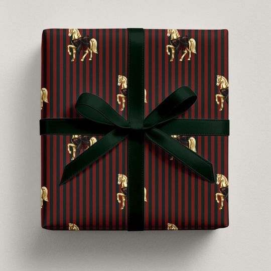 Striped Christmas Gift Wrap, Equestrian Heritage Wrapping Paper Roll, Classic Preppy Holiday Gift Wrap, Elegant Country Christmas