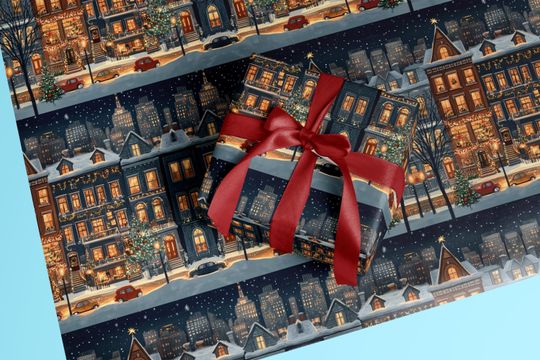 Discover Snowy City Christmas Gift Wrap: Holiday Village Scene