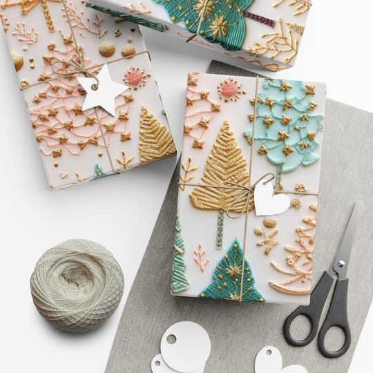 Discover Glam Christmas Wrapping Paper, Vintage Holiday Gift Wrap, Faux Embroidered Christmas Gift Wrap, Christmas Wrapping Paper, Christmas Tree
