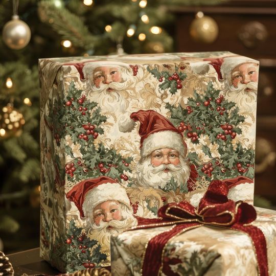 Discover Nostaligic Vintage Santa Gift Wrap, Christmas Gift Wrap, Holiday Wrapping Paper, Hostess Gift, Festive