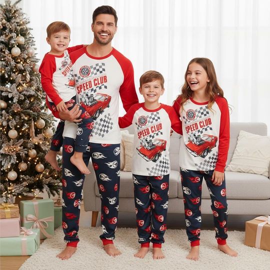 Discover Speed Club Family Pajamas Set, Racing Long Sleeve Pajamas, Car-Print Sleepwear for Family, Xmas Gift