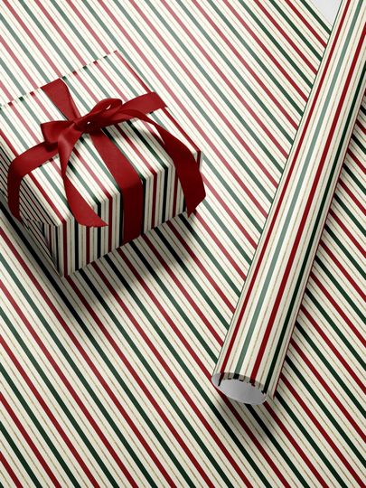 Discover Elegant Striped Christmas Wrapping Paper Roll Luxury Design Holiday Gift Wrap Roll Red Green Ivory Background Classy Christmas Style