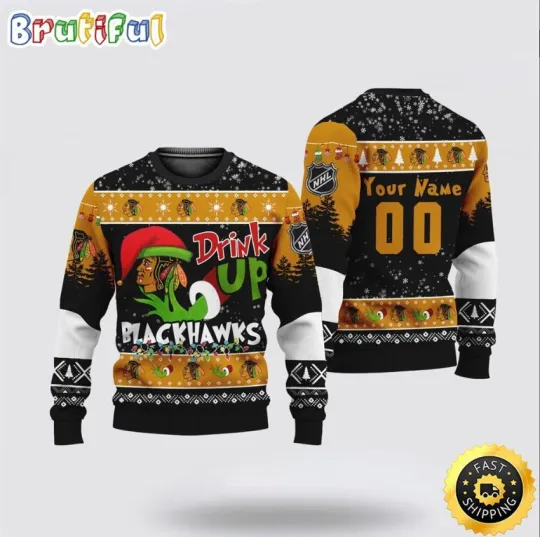 Discover Custom Chicago Blackhawks Inspired Ugly Christmas Sweater funny character Drink Up Gift