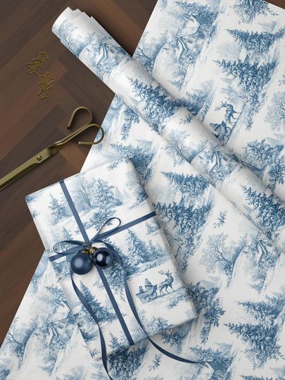 Discover Vintage Christmas Toile Chinoiserie Wrapping Paper Roll Classic Blue Elegant Reindeer Sleigh Holiday Gift Wrap Luxury Winter Cottage Scene
