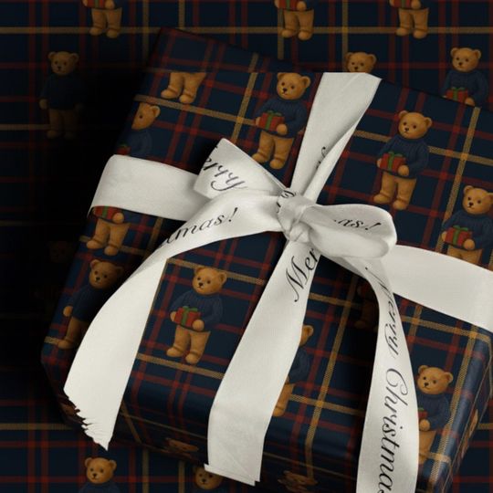 Luxury Red & Navy Tartan Teddy Bear Preppy Christmas Gift Wrap