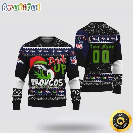Discover Custom Denver Br0nc0s Inspired Ugly Christmas Sweater funny character Drink Up Gift