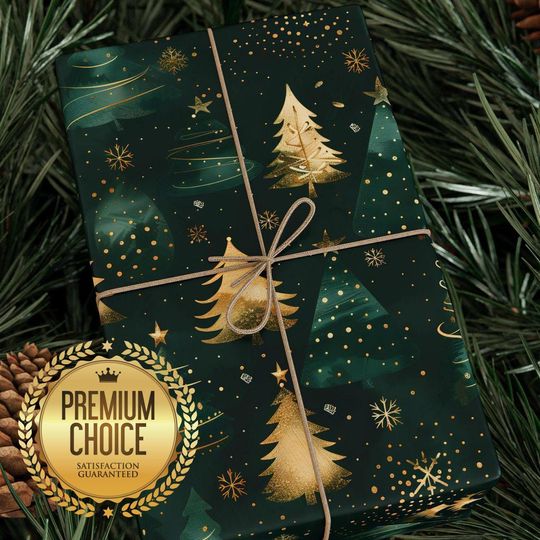 Discover Green and Gold Christmas Tree Wrapping Paper | Elegant Holiday Gift Wrap | Luxurious Metallic Christmas Trees Gift Wrapping Paper
