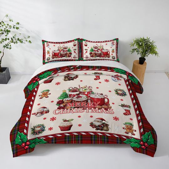 Discover Custom Christmas Puzzle Quilt /Duvet Zipper Cover Bedding Set, Personalized Christmas Cocoa Gingerbread Set, Set of 3 w. 2 Pillowcases