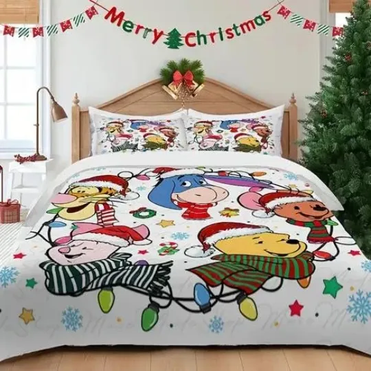 Discover Pooh Bear & Friends Wearing Santa Hat Christmas Lights Happy Holiday Bedding Set