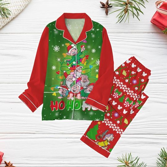 Discover Disney Seven Dwarfs Christmas Pajama Set for Adults with Snow White Holiday Sleepwear