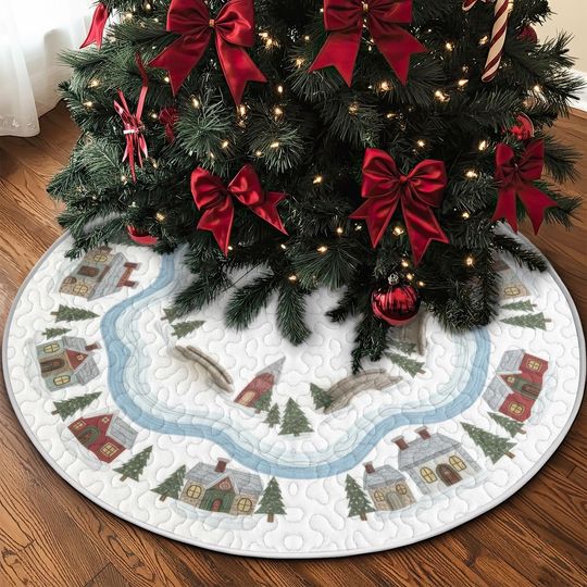 Discover Quilted Snowy Village River Tree Skirt, Rustic Cabin and Bridge Design, Soft White and Red Christmas Quilt Decor, Winter Landscape Accent