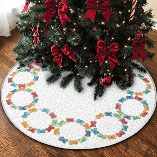 Quilted Gummy Bear Tree Skirt, Colorful Candy Link Design, Soft Fun Christmas Quilt Decor, Cheerful Modern Holiday Accent