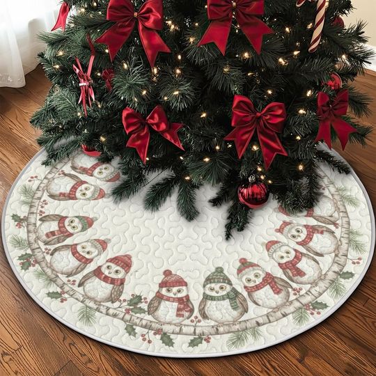 Discover Quilted Snowy Owl Tree Skirt, Birch Tree Winter Design, Soft Woodland Christmas Quilt Decor, Cozy Modern Holiday Accent