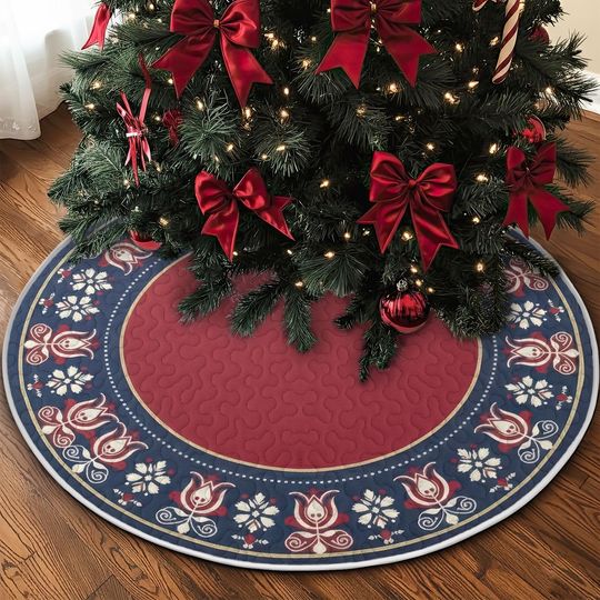 Discover Quilted Folk Art Tree Skirt, Red and Navy Blue Floral Pattern, Classic Holiday Quilt Decor, Traditional Winter Accent
