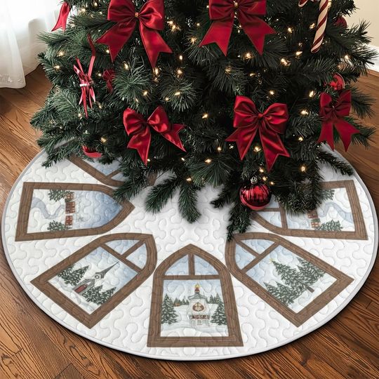 Discover Quilted Snowy Window View Tree Skirt, White Winter Church and Pine Design, Rustic Brown Frame Quilt Decor, Cozy Holiday Accent