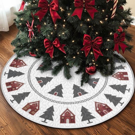 Discover Quilted Modern Cabin Train Tree Skirt, Minimal Red and Black Forest Design, Soft White Christmas Quilt Decor, Rustic Holiday Railroad