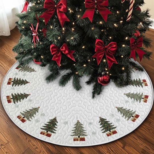 Discover Quilted Holiday Pine Tree Skirt, Simple White Snowflake and Gift Box Design, Minimalist Green Christmas Quilt Decor, Cozy Accent