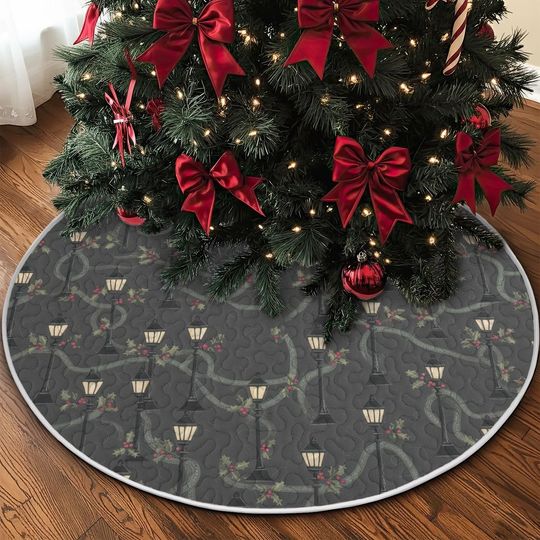 Discover Quilted Winter Lamppost Tree Skirt, Dark Gray Holly Berry and Wreath Design, Moody Holiday Quilt Decor, Durable Christmas Accent