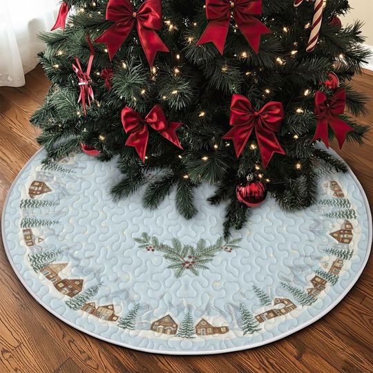 Discover Quilted Winter Village Tree Skirt, Soft Blue Snowscape Cabin Design, Cozy Embroidered Holiday Quilt Decor, Neutral Christmas Accent