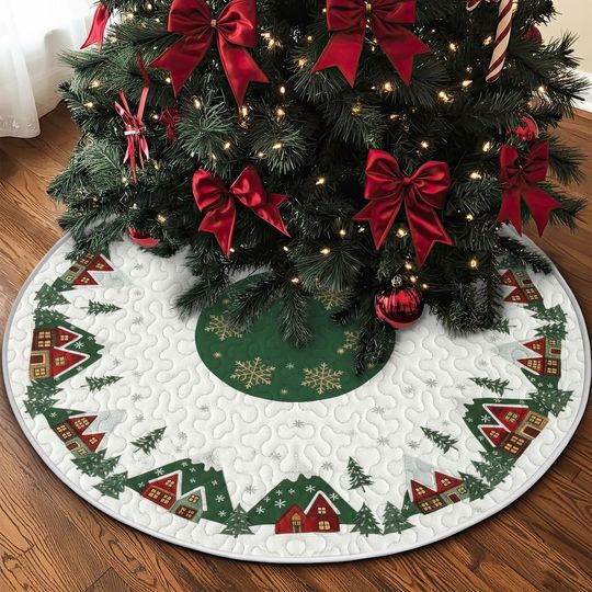 Discover Quilted Snowy Cabin Tree Skirt, White and Green Winter Village Design, Festive Red Holiday Home Quilt Decor, Cozy Christmas Accent