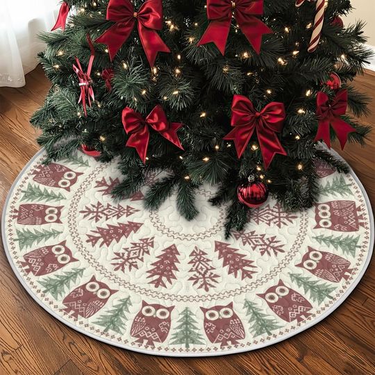 Quilted Scandinavian Owl Tree Skirt, Nordic Winter Forest Design, Soft Neutral and Maroon Christmas Quilt Decor, Rustic Holiday Accent