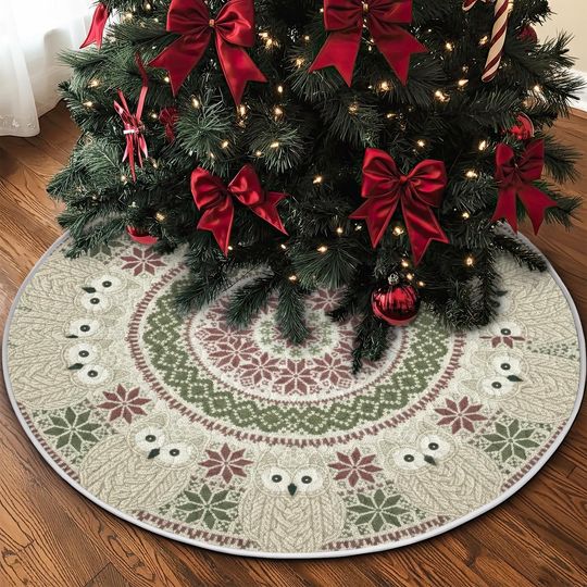 Discover Quilted Fair Isle Owl Tree Skirt, Cozy Knit Look Snowflake Design, Soft Neutral Green and Red Christmas Quilt Decor, Nordic Accent