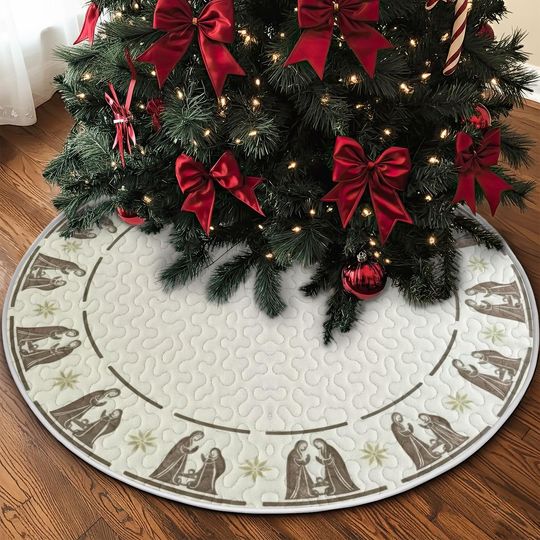 Quilted Nativity Scene Tree Skirt, Neutral Manger Silhouette Design, Soft Religious Christmas Quilt Decor, Holy Modern Holiday Accent